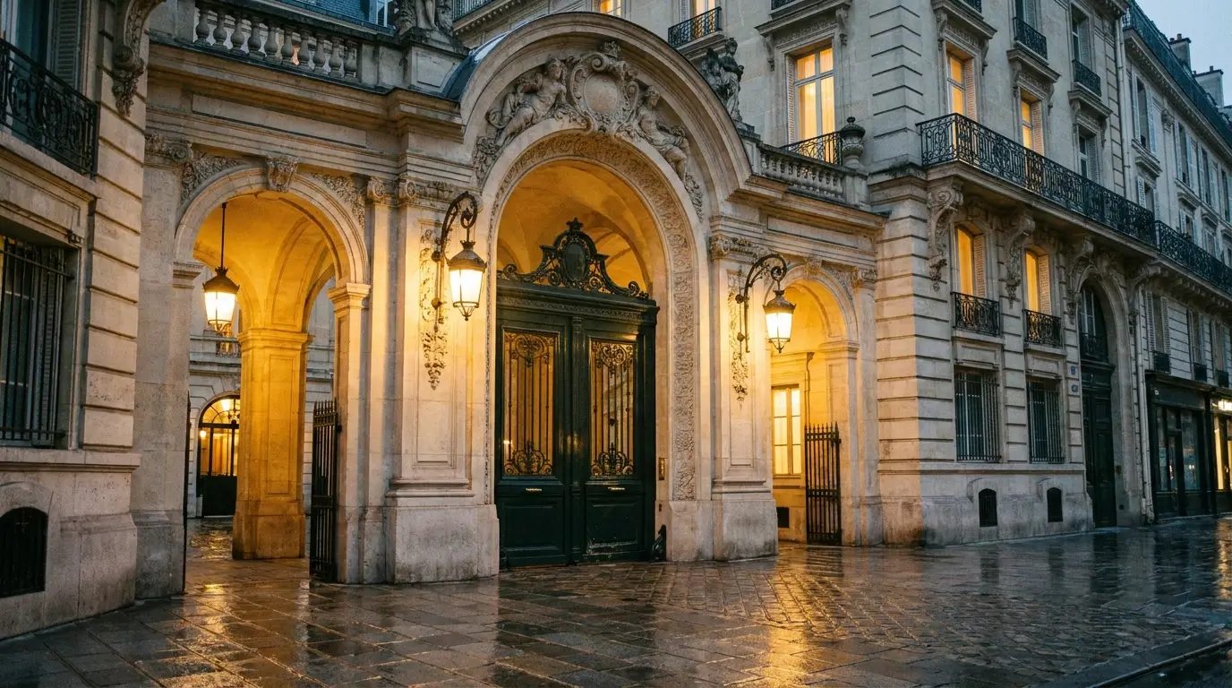 Porte cochère haussmannienne au crépuscule