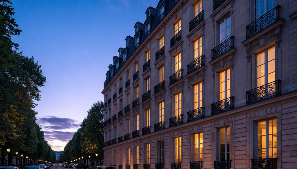 Immeuble haussmannien premium au crépuscule